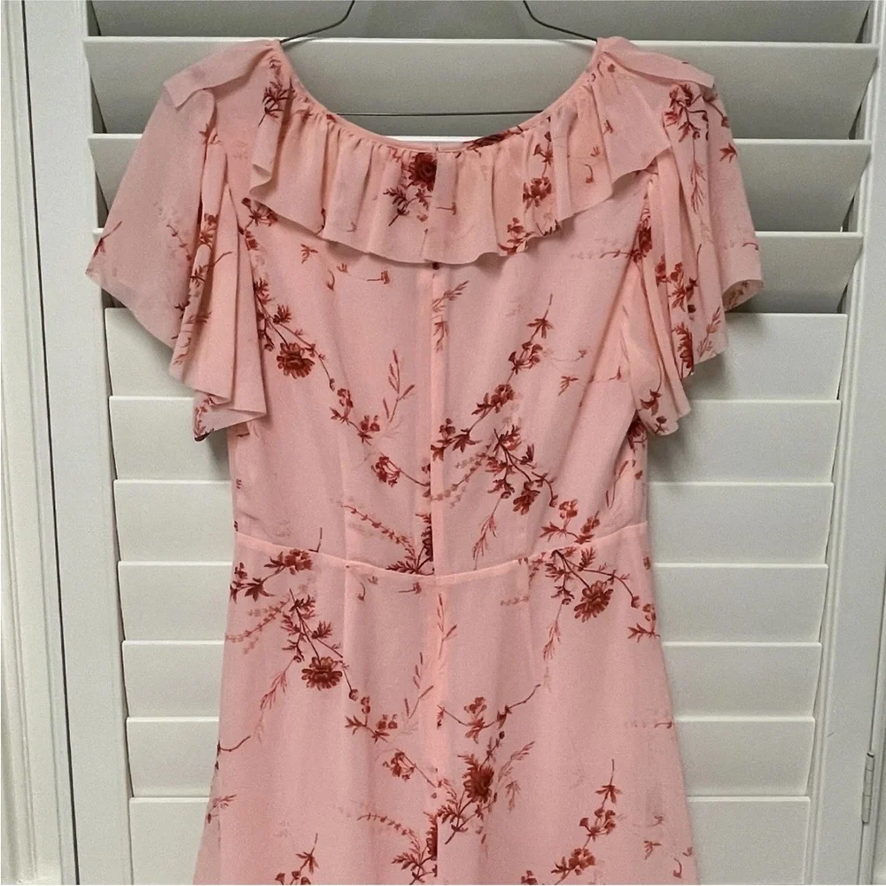Cinq a Sept Fleur Sheila Faux Wrap dress. pale roseFloral Pink Ruffle Wrap Dress - Picture 11 of 15